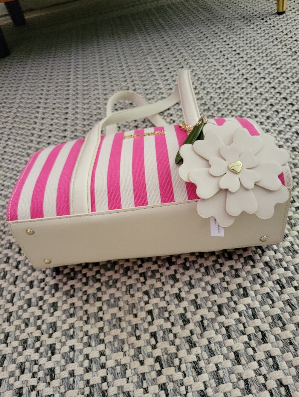 Betsey Johnson Pink and White Striped Shoulder Bag with Floral Charm - Picture 6 of 10